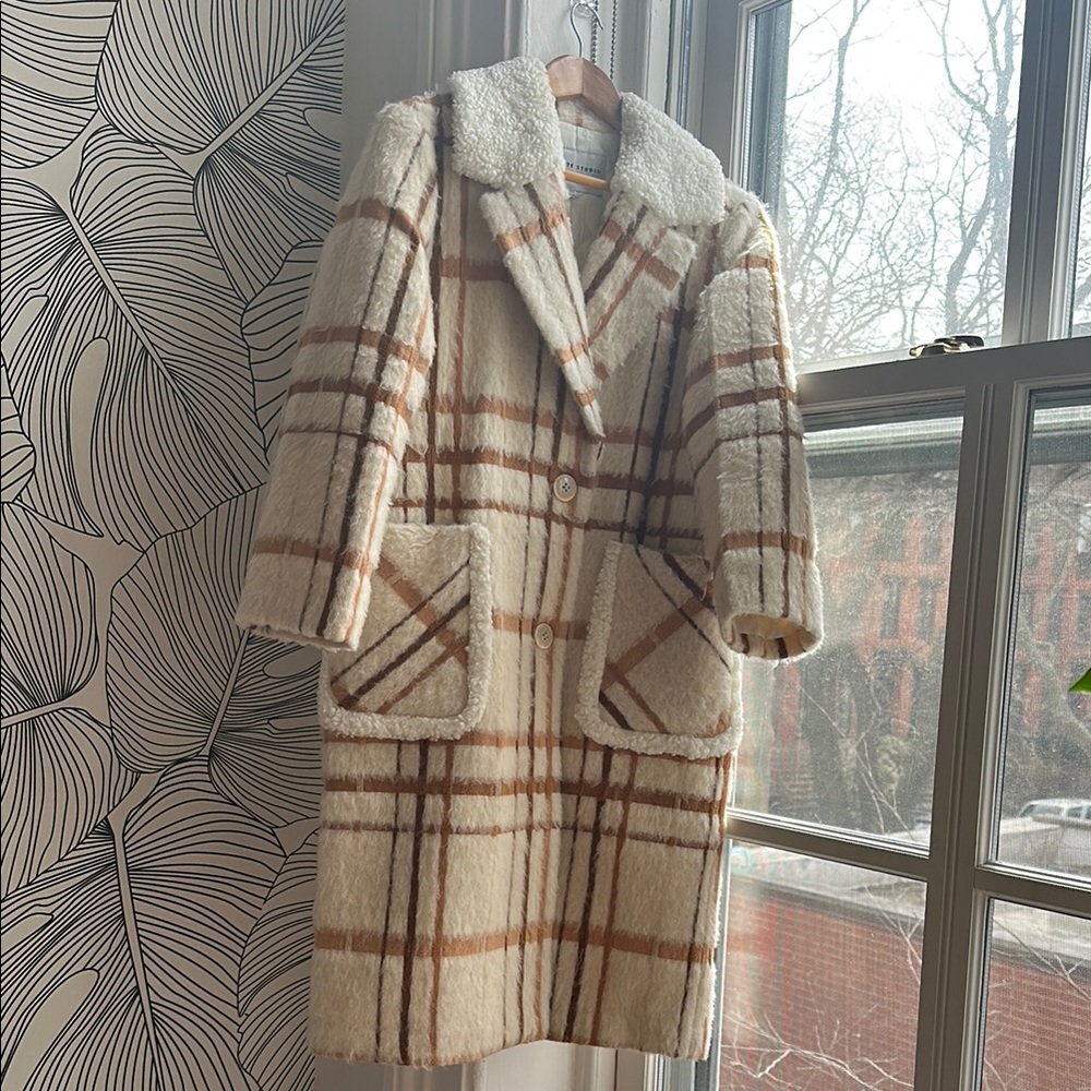 Petite Studio NYC Sienna Wool Cream Plaid Teddy Coat Single-Breasted Alpaca
